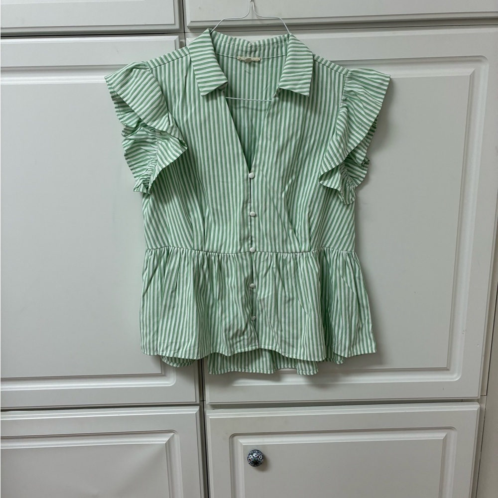 JODIFL Mint Striped Ruffle Blouse